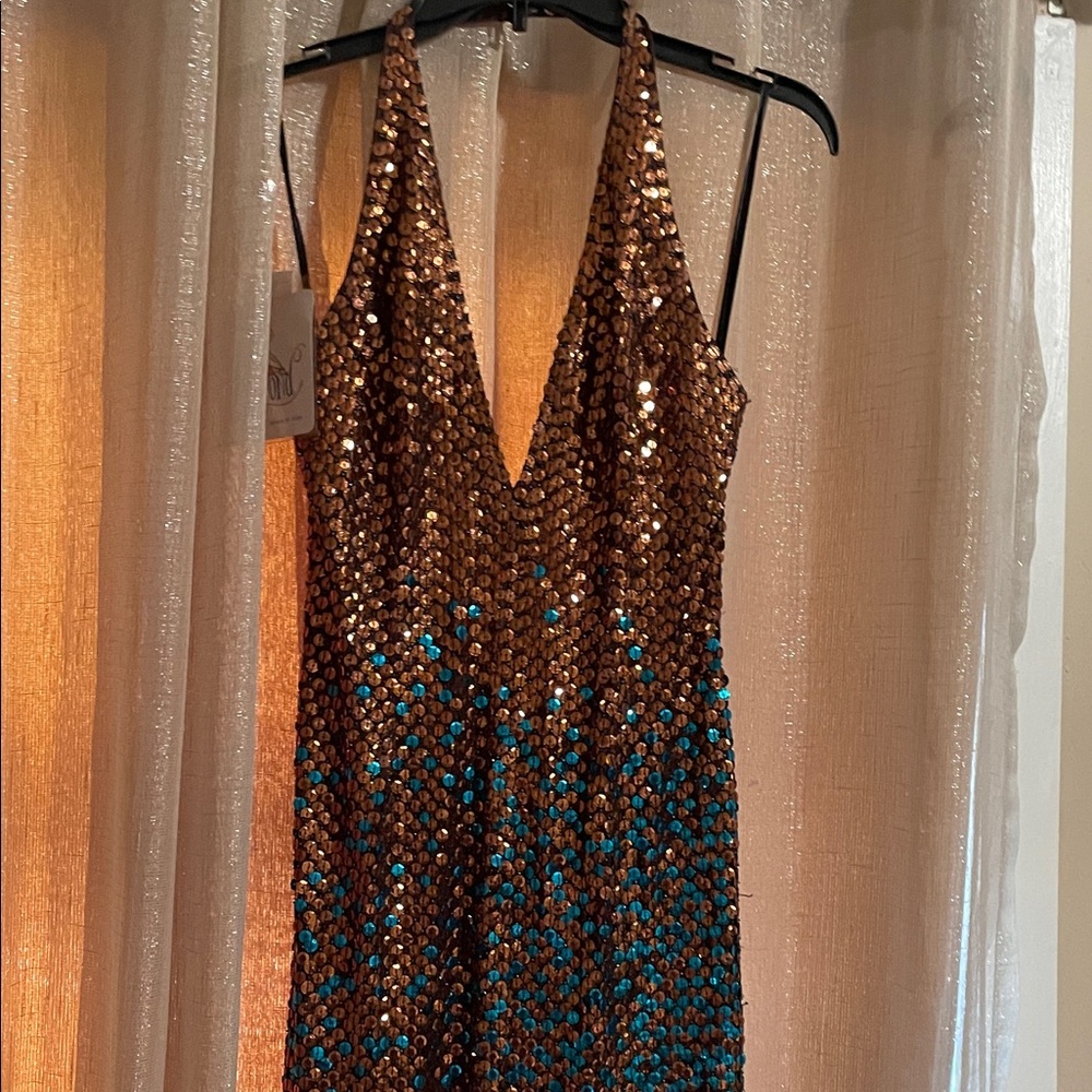 Strapless Sequin V-Neck Dress in Bronze and Teal Accents